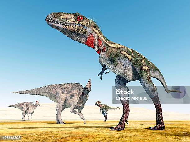 Corythosaurus And Nanotyrannus Stock Photo - Download Image Now - Aggression, Animal, Blue