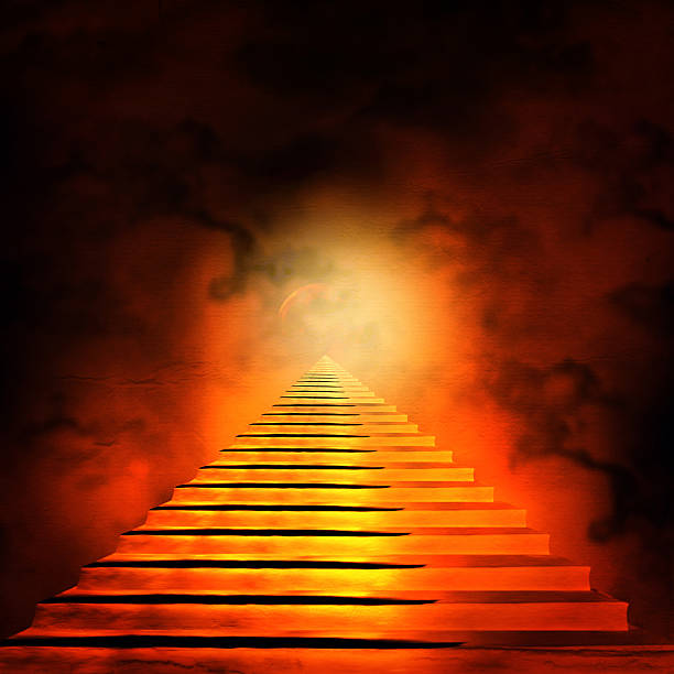 escada levando para o céu ou o inferno. luz no fim do túnel - heaven hell road sign sign imagens e fotografias de stock
