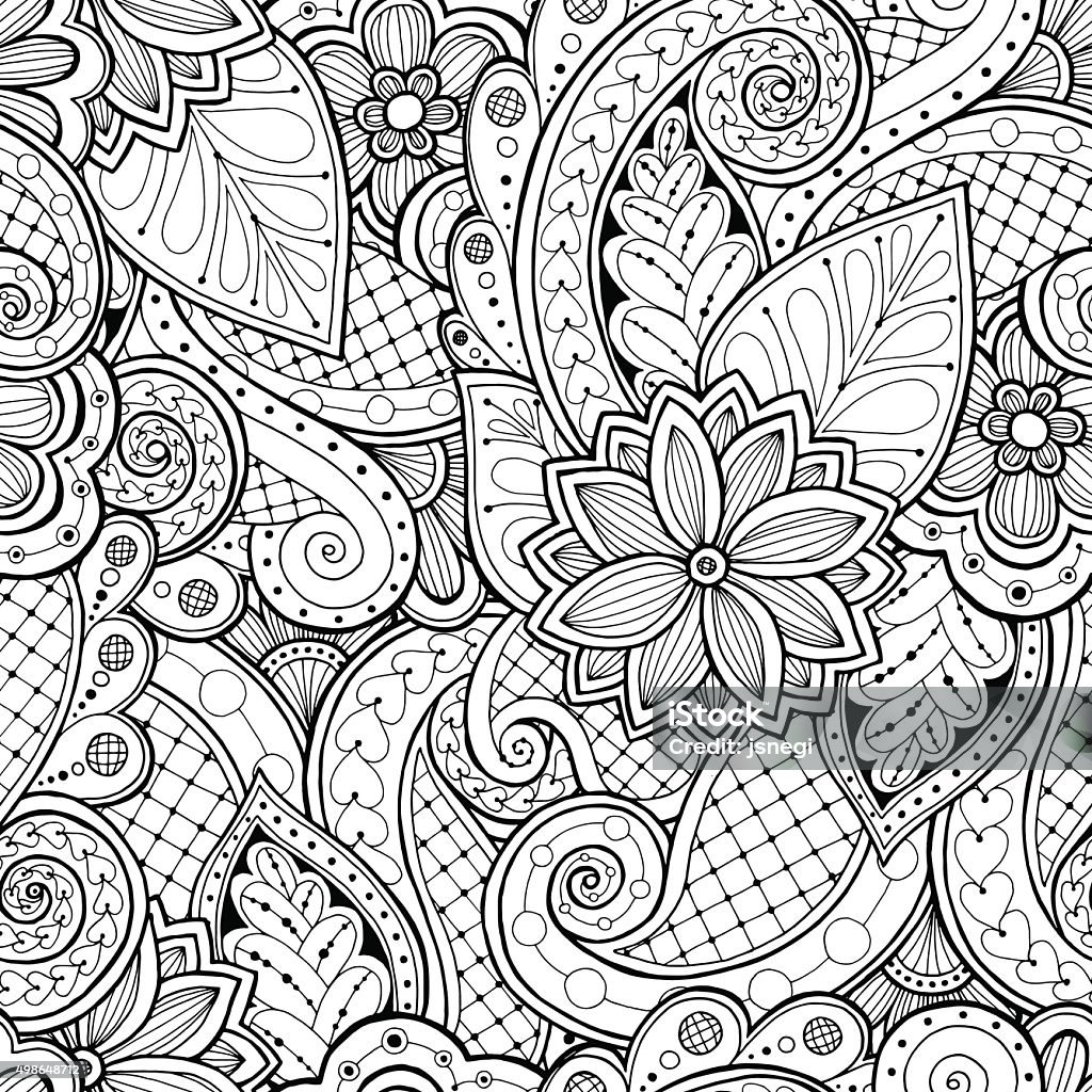 Seamless background in vector with doodles, flowers and paisley. Doodle seamless background in vector with doodles, flowers and paisley. Vector ethnic pattern can be used for wallpaper, pattern fills, coloring books and pages for kids and adults. Black and white. Tangle Pattern stock vector