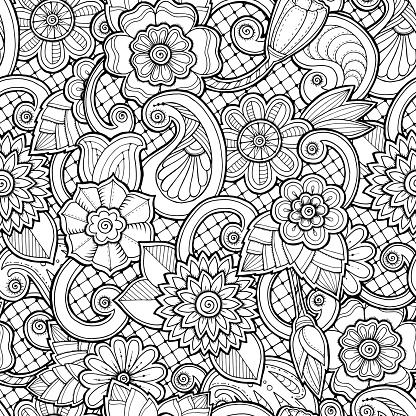Seamless background in vector with doodles, flowers and paisley.
