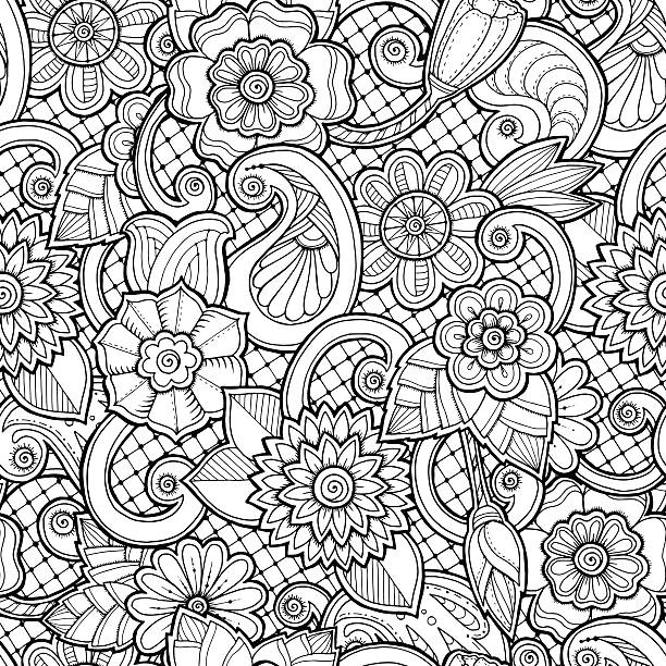 Seamless background in vector with doodles, flowers and paisley. Doodle seamless background in vector with doodles, flowers and paisley. Vector ethnic pattern can be used for wallpaper, pattern fills, coloring books and pages for kids and adults. Black and white. adult coloring pages mandala stock illustrations