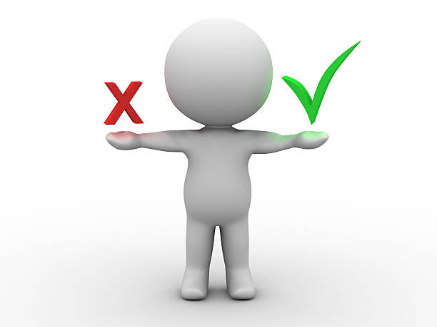 istock 3D Man Holding Red X Mark and Green Checkmark 498650928