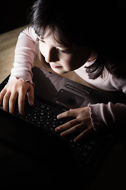 istock Girl using laptom in dark room 498651800