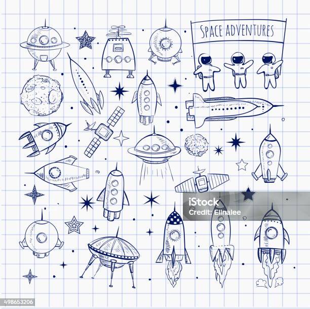 Collection Of Sketchy Space Objects Stock Illustration - Download Image Now - Astronaut, Drawing - Activity, Illustration