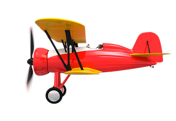 サイドビューの赤色、黄色のバイプレーンの白で分離 - airplane stunt yellow flying ストックフォトと画像