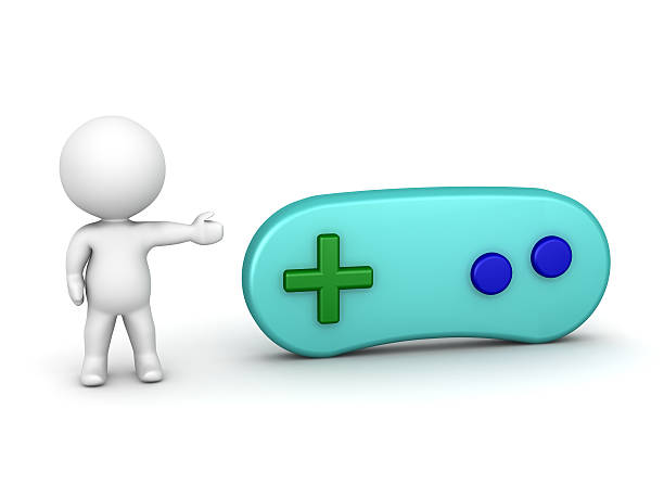 istock Video Games Concept - 3D Man Shows Gamepad 498654400