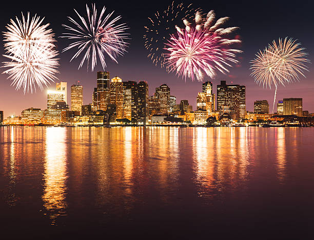 istock Bostonon the night with fireworks for the new year 498657344