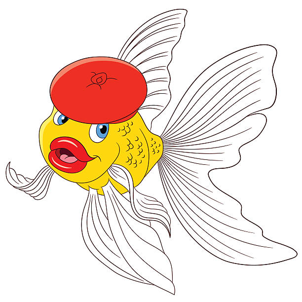 beautiful cartoon goldfish in a red beret cute cartoon goldfish in a red beret, vector illustration cartoon cartoon of fish with lips stock illustrations