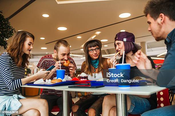 Friends In Mall Stock Photo - Download Image Now - Shopping Mall, Fast Food Restaurant, Food