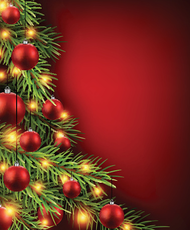 Christmas red background with christmas tree. Vector Illustration.