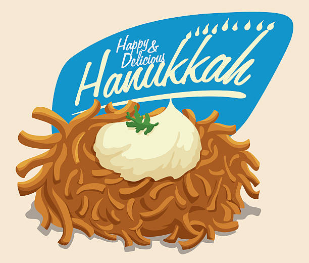 illustrazioni stock, clip art, cartoni animati e icone di tendenza di frittella di patate con panna acida e hanukkah messaggio. - latke