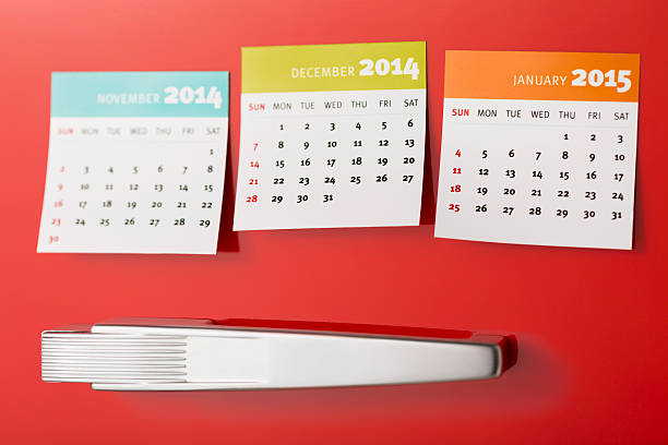 November December January calendars attached to fridge door  http://www.primarypicture.com/iStock/IS_Fridge.jpg 8 weeks stock pictures, royalty-free photos & images