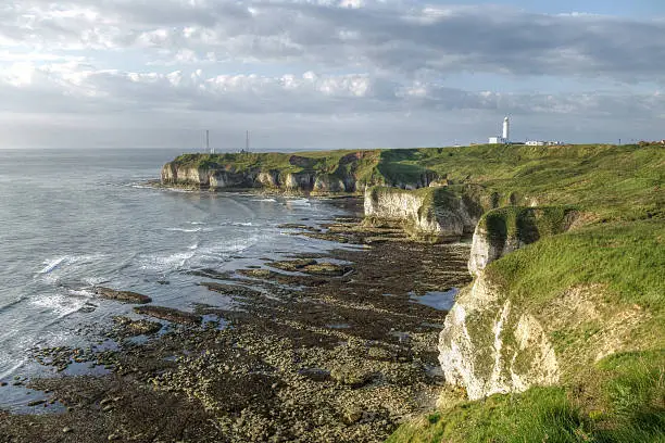 Flamborough Head, East Yorkshire, England - a view of Silex Bay and Flamborough Lighthouse, taken at dawn.