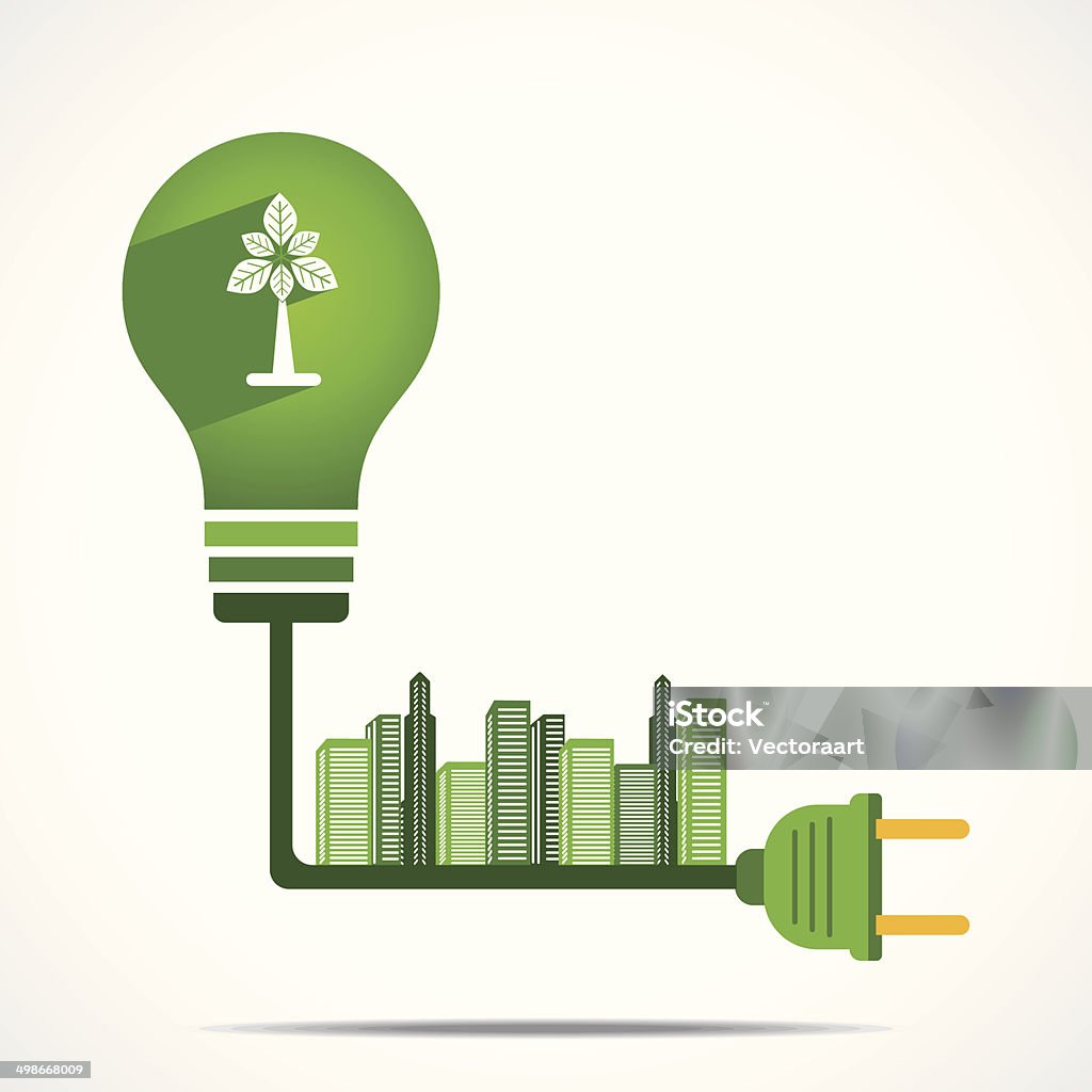 city lighting to gree energy concept generate green energy from tree and give power to city concept vector Apartment stock vector