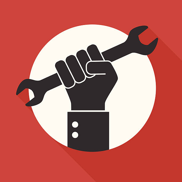 Hand holds a wrench, Repair icon on red background. Hand holds a wrench, Repair icon on red background. hand wrench stock illustrations