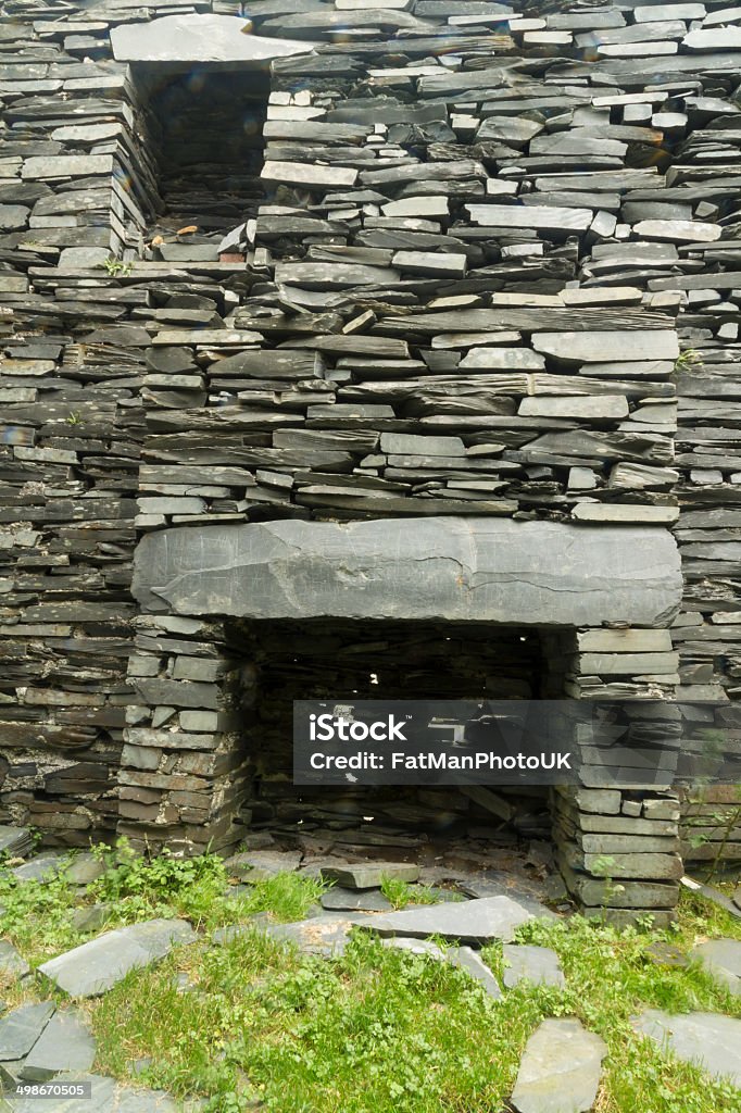 Old fireplace in ruined slate house A fireplace in a ruin, with dry stone slate walls. Cwmorthin Terrace, Tanygriseau, Blaenau Ffestiniog, Wales, United Kingdom, Europe Blaenau Ffestiniog Stock Photo