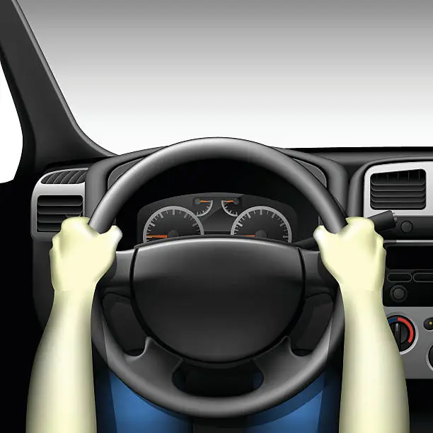 Vector illustration of Car driver - car interior with dashboard and hands of driver