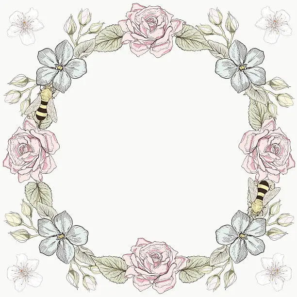 Vector illustration of floral frame and bees engraving style
