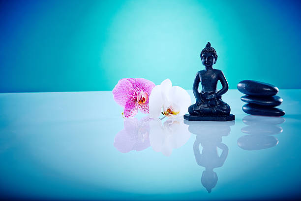 istock Buddah next to orchis with hot stones 498671699