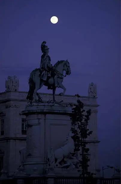 The equestrian monument on the Parca do Comercio in the old town of Lisbon in Portugal.