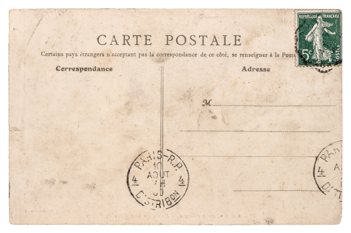 empty antique french postcard  from paris. vintage sentimental retro style paper background