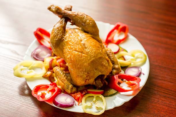 Delicious food on white plate close up