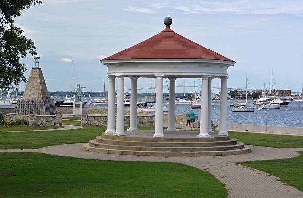 view of the Gazebo at King Park with the harbor and the Claiborne Pell Newport Bridge in the background, Newport RI, USA