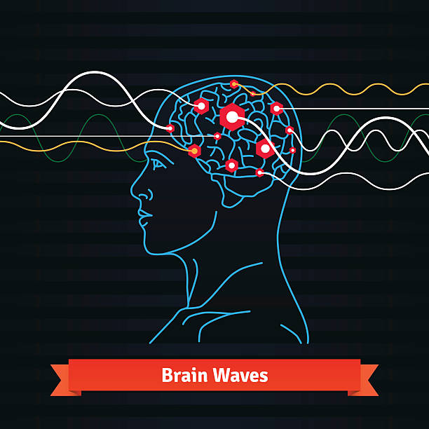 Brain waves. Electrodes connected to a man head Brain waves. Electrodes connected to a man head. Mind power concept. Flat vector thin line icon. electrode stock illustrations