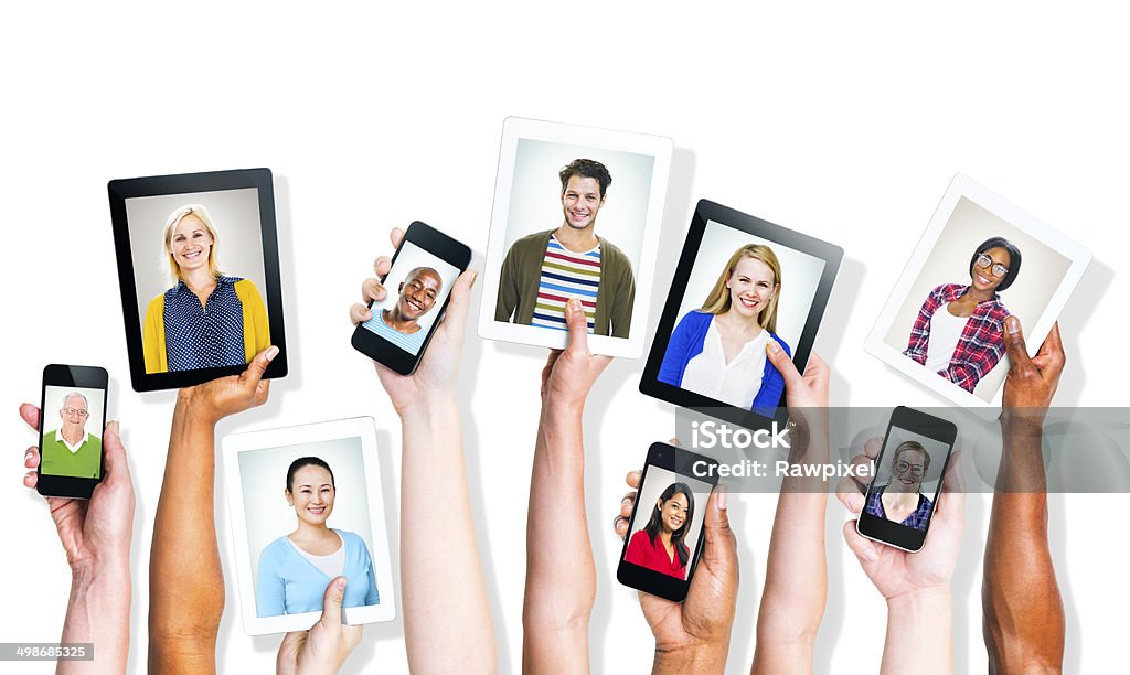 Hands Holding Digital Devices with People's Images African Ethnicity Stock Photo