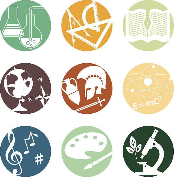 School subjects Set of round vector icons with symbols of middle and high school subjects junior high stock illustrations