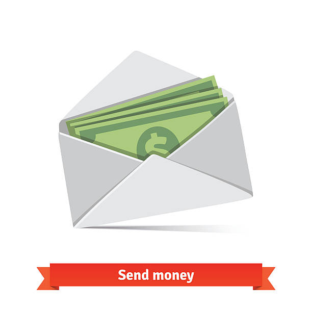 Some dollar bills in white envelope Some dollar bills in white envelope. Send money concept. Flat vector icon. protruding stock illustrations