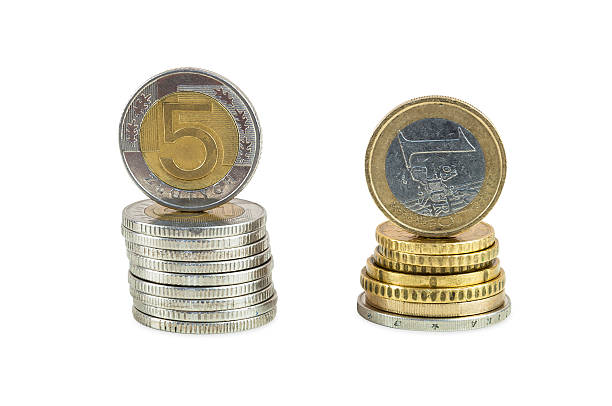 istock Stack of polish zloty and euro coins 498685775