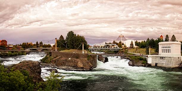 Lower Spokane Falls A panoramic view of the lower Spokane Falls from Anthony's Restaurant in Spokane Washington. spokane river stock pictures, royalty-free photos & images