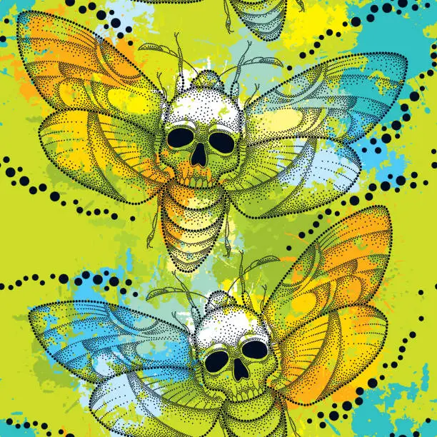 Vector illustration of Seamless pattern with dotted Death's head hawk moth