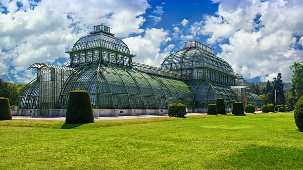 Vienna, Austria – August 22, 2015:The Palmenhaus Schönbrunn is a large greenhouse in Vienna, Austria, featuring plants from around the world. It was opened in 1882. It is the most prominent of the four greenhouses in Schönbrunn Palace Park, and is also among the largest botanical exhibits of its kind in the world, with around 4,500 plant species.