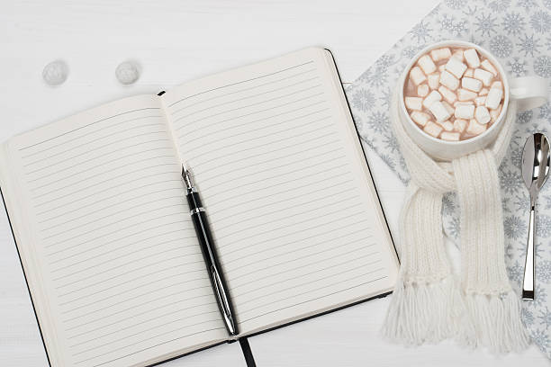 istock Blank Open Notepad. Mug Of Hot Chocolate With Scarf. Christmas 498694762