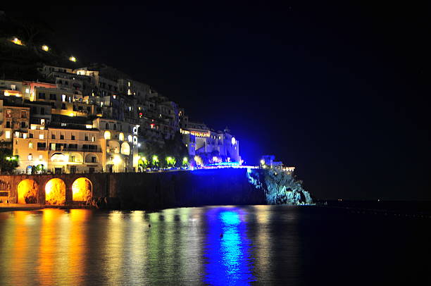 Night coastal town stock photo