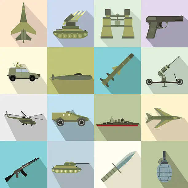 Vector illustration of 16 weapon flat icons set