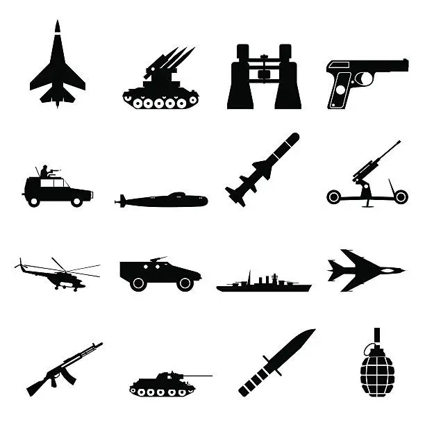 Vector illustration of 16 weapon simple icons set