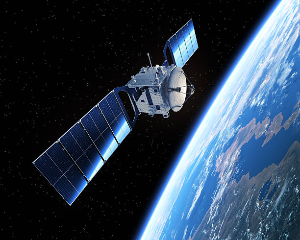 Satellite In Space Satellite In Space. 3D Scene. orbiting stock pictures, royalty-free photos & images