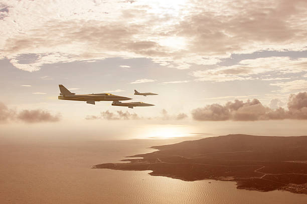 war planes three war planes flying high on horizon line above the clouds supersonic airplane stock pictures, royalty-free photos & images