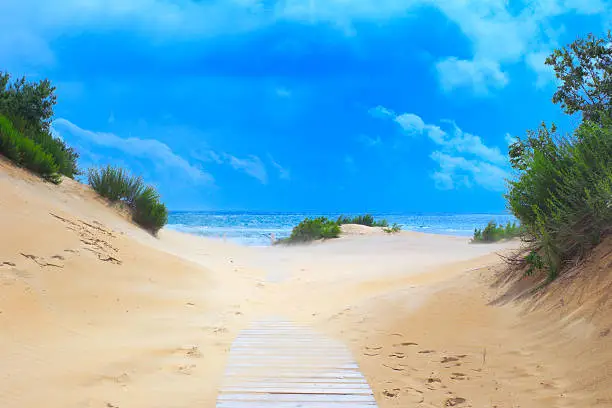 Sea sand dunes with path summer blue sky