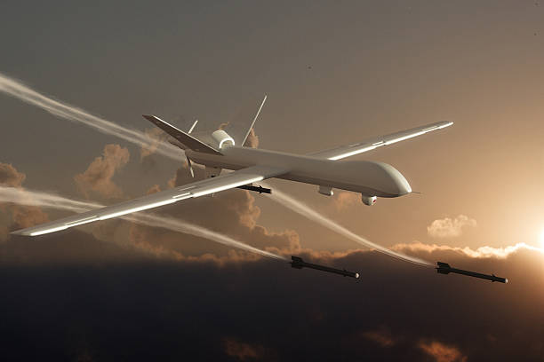 UAV Unmanned Aerial Vehicle (drone) attack Drone attack. Unmanned Aerial Vehicle (UAV), also known as Unmanned Aircraft System (UAS) - 3d rendered image unmanned aerial vehicle stock pictures, royalty-free photos & images