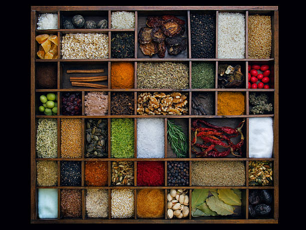 Assortment of spices in wooden box
