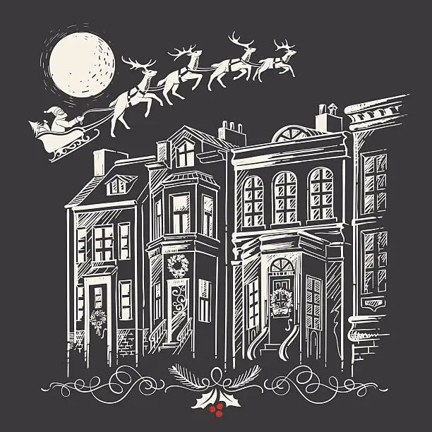 Vector illustration of Hand-drawn Christmas-decorated Facade