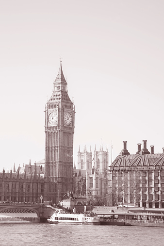 Big Ben and the Houses of Parliament, Westminster, London, England, UK in Black and White Sepia Tone