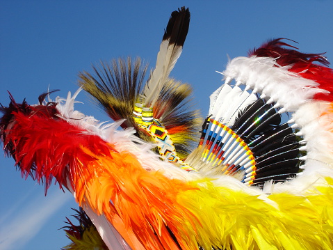 Semiahmoo First Nations and Ear Marriott Secondary School in White Rock, British Columbia, Canada celebrated this powwow from 9-11 March 2018. Powwows are opportunities for First Nations to gather together, honouring and sharing their traditions. The general public is welcome. Male dancers are performing.