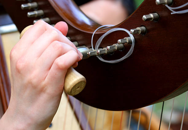 여성 손으로 수준에서는 현악기 선으로나 harp - celtic culture audio 뉴스 사진 이미지