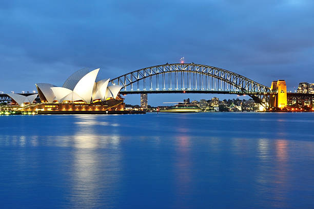Sydney, Australia - April 10, 2012: Twilight shot of Sydney Opera House and Sydney Harbour Bridge, from \