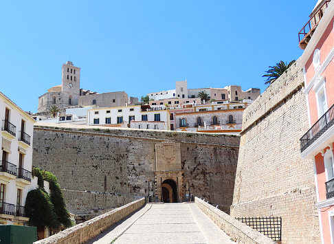 Pollença, Spain, July 20, 2018; The Pollença staircase with 365 steps in the charming village in the north of the Mediterranean island of Mallorca in Spain.